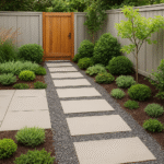 ديكور حدائق منزلية تتميز بمساحات خضراء أنيقة مع ممرات حجرية مرتبة ونباتات زينة ملونة تمنح المكان لمسة طبيعية هادئة.