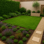 مقاول حدائق بالكويت حدائق حديقة منزلية صغيرة تتميز بمساحات خضراء أنيقة مع ممرات حجرية مرتبة ونباتات زينة ملونة تمنح المكان لمسة طبيعية هادئة.