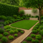 جلسات خشب للحدائق حدائق حديقة منزلية صغيرة تتميز بمساحات خضراء أنيقة مع ممرات حجرية مرتبة ونباتات زينة ملونة تمنح المكان لمسة طبيعية هادئة.