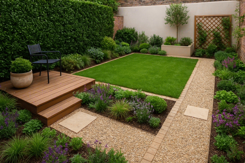 مقاول حدائق بالكويت حديقة منزلية صغيرة تتميز بمساحات خضراء أنيقة مع ممرات حجرية مرتبة ونباتات زينة ملونة تمنح المكان لمسة طبيعية هادئة.