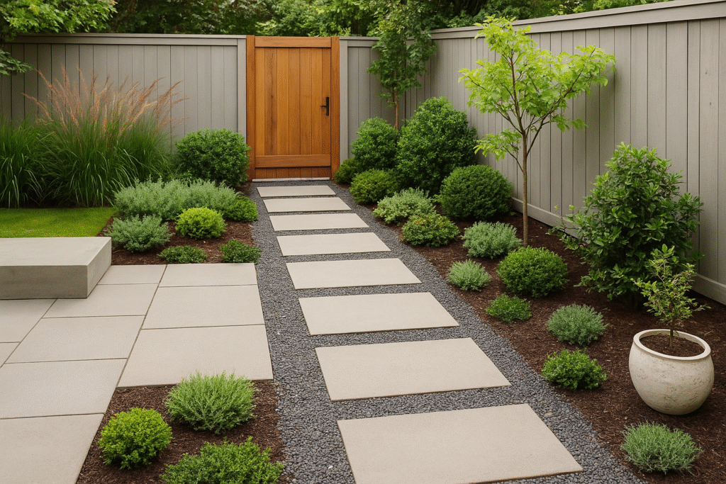 ديكور حدائق منزلية تتميز بمساحات خضراء أنيقة مع ممرات حجرية مرتبة ونباتات زينة ملونة تمنح المكان لمسة طبيعية هادئة.