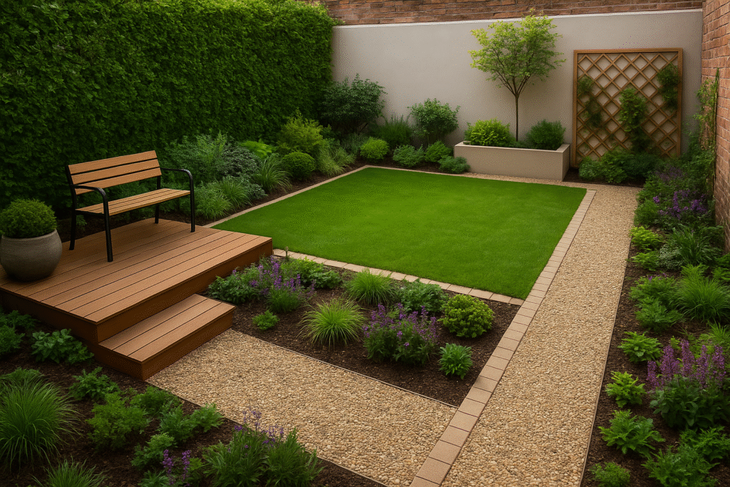 ديكور حدائق منزلية حدائق جانبية صغيرة حديقة منزلية صغيرة تتميز بمساحات خضراء أنيقة مع ممرات حجرية مرتبة ونباتات زينة ملونة تمنح المكان لمسة طبيعية هادئة.