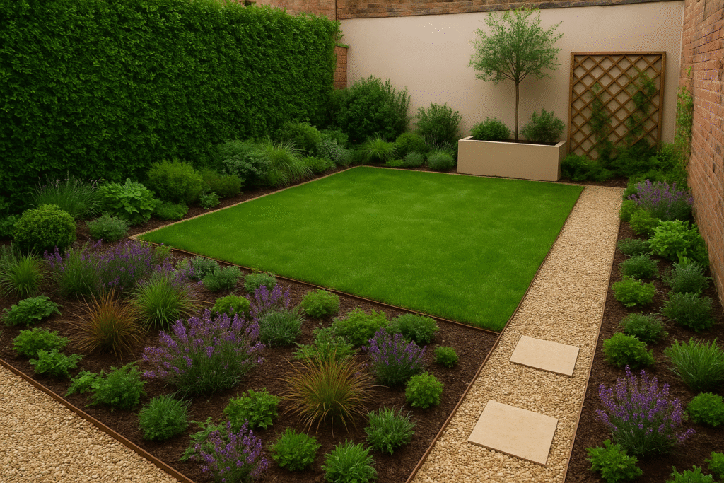 ديكور حدائق منزلية حدائق حديقة منزلية صغيرة تتميز بمساحات خضراء أنيقة مع ممرات حجرية مرتبة ونباتات زينة ملونة تمنح المكان لمسة طبيعية هادئة.