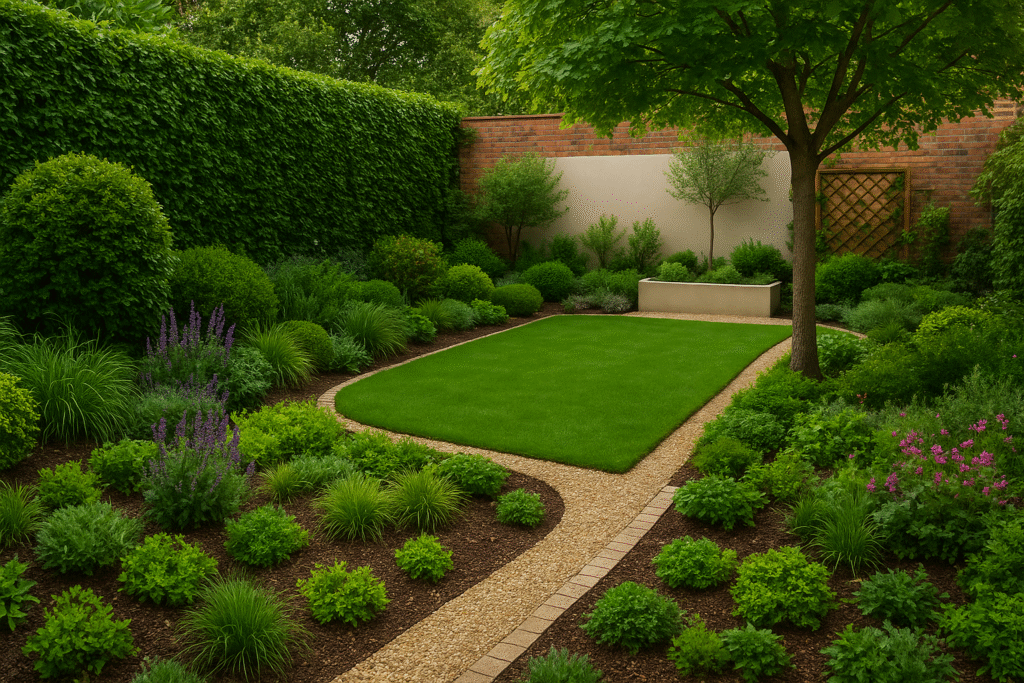 ديكورات حدائق خارجية بسيطة حدائق حديقة منزلية صغيرة تتميز بمساحات خضراء أنيقة مع ممرات حجرية مرتبة ونباتات زينة ملونة تمنح المكان لمسة طبيعية هادئة.