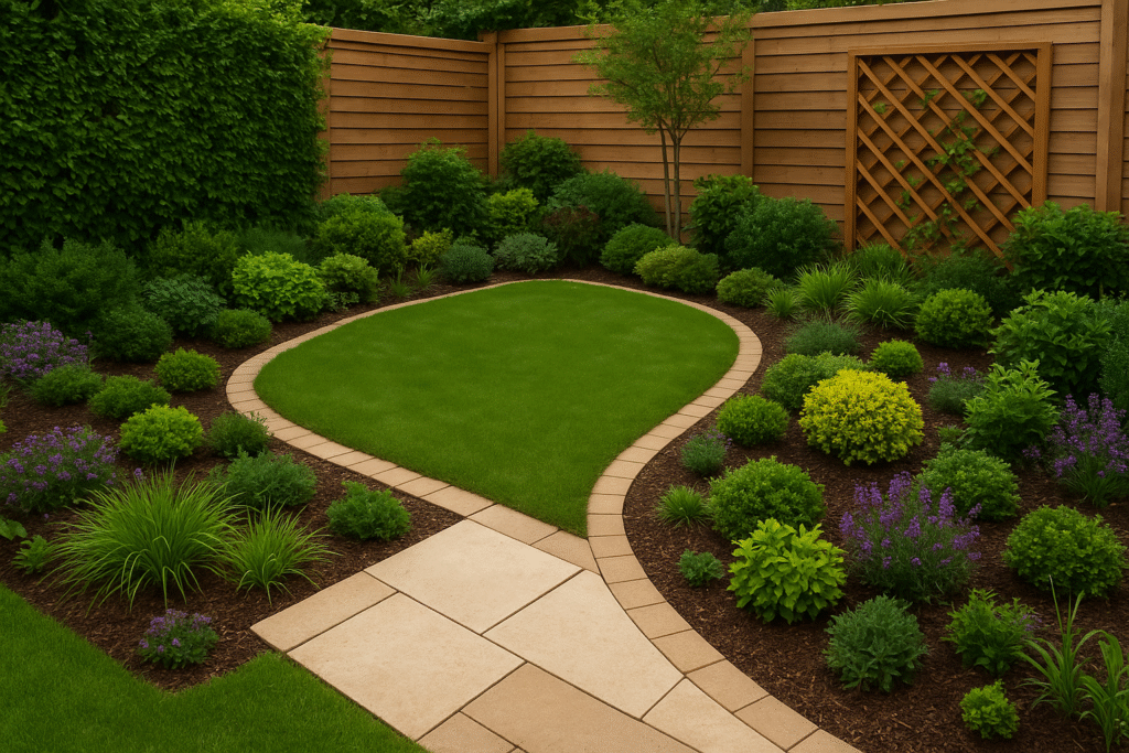 مقاول حدائق بالكويت تتميز بمساحات خضراء أنيقة مع ممرات حجرية مرتبة ونباتات زينة ملونة تمنح المكان لمسة طبيعية هادئة.