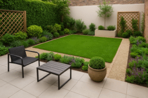 ديكورات حدائق خارجية بسيطة حديقة منزلية صغيرة تتميز بمساحات خضراء أنيقة مع ممرات حجرية مرتبة ونباتات زينة ملونة تمنح المكان لمسة طبيعية هادئة.